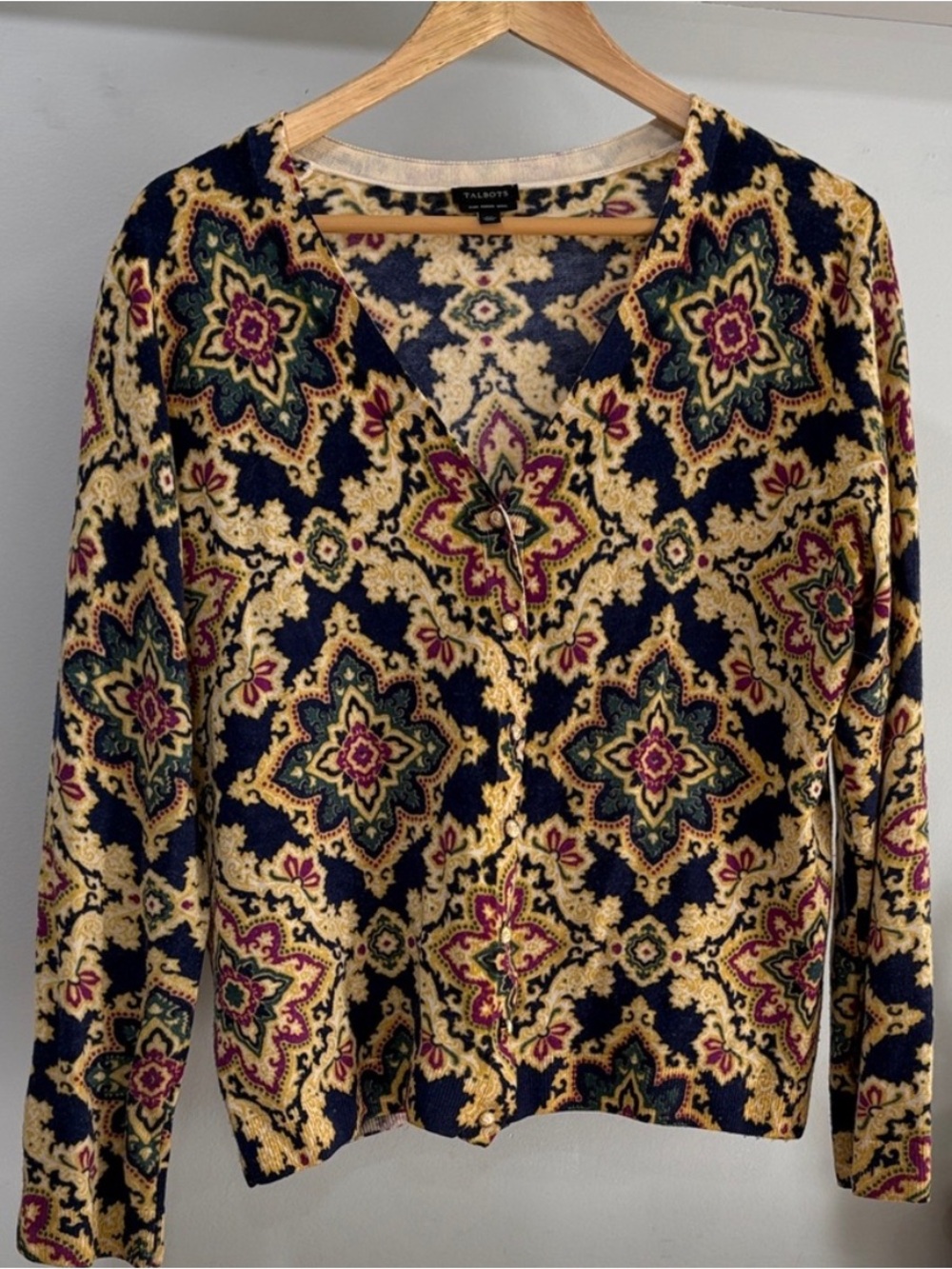 Talbots Merino Wool Classic Moroccan Pattern Cardigan, Size XL
